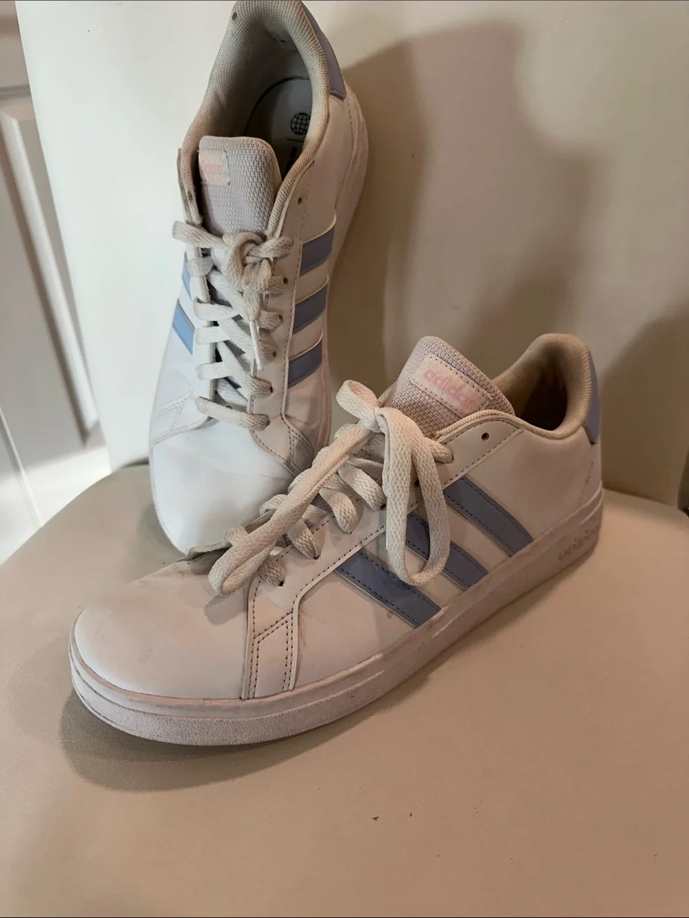 adidas White Sneakers with Light Blue Stripes